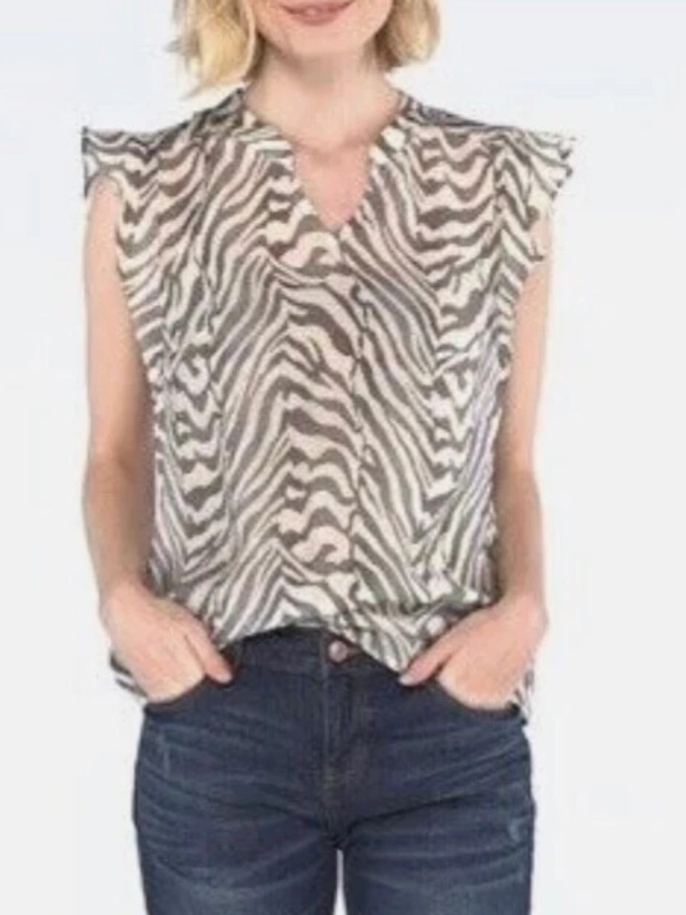 Cabi Zebra Striped Ruffle Sleeve Semi Sheer Top Size M